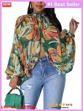 Sheer Chiffon Blouse Batwing Bell Sleeve Mock Neck Party Top